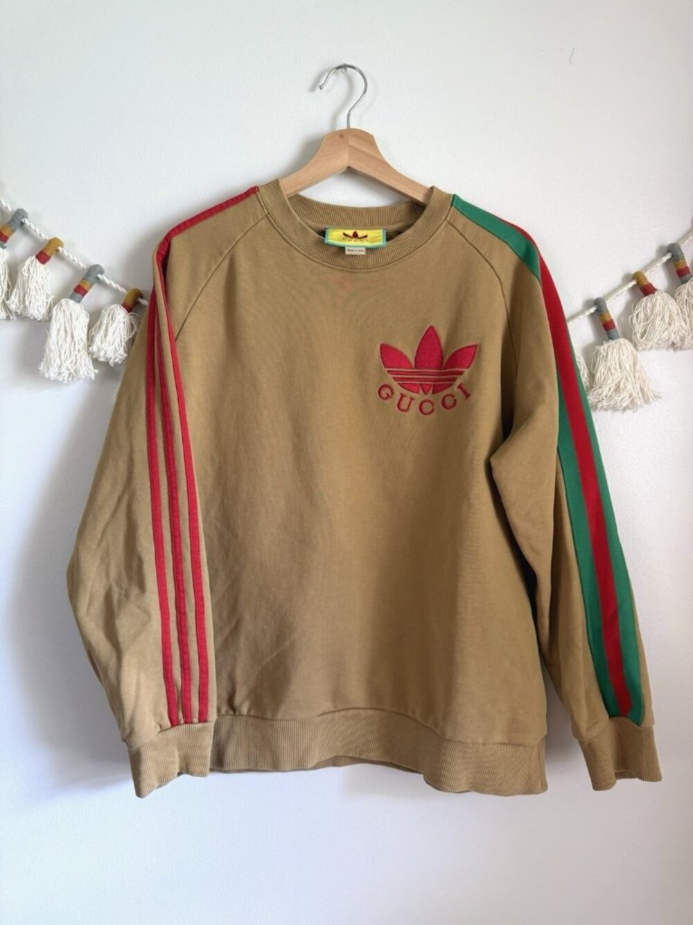 Gucci x Adidas Cotton Jersey Trefoil Sweatshirt Camel Brown Logo Sporty Preppy L